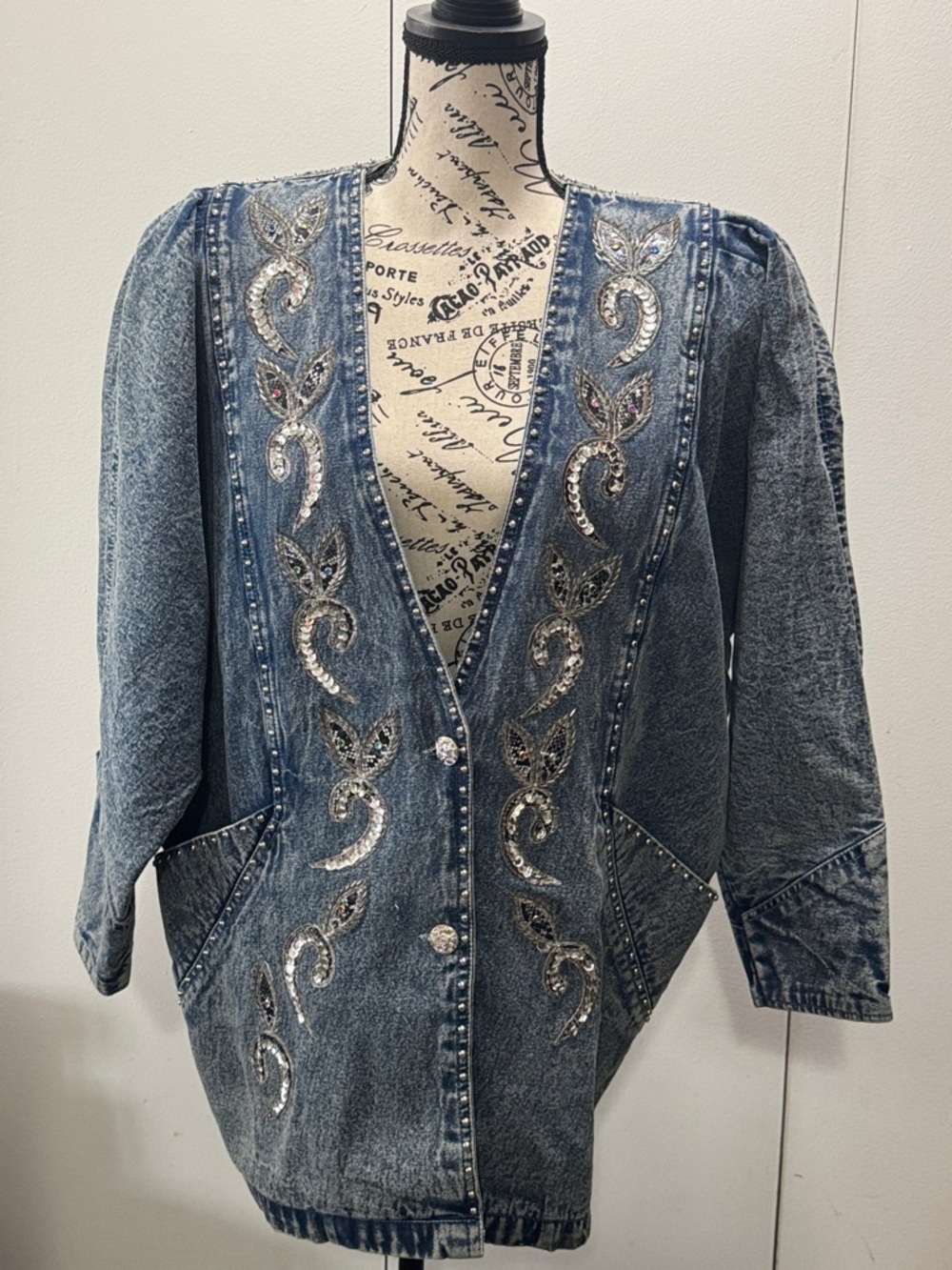 Embellished Blue Denim Jean Jacket with Sequin Detail